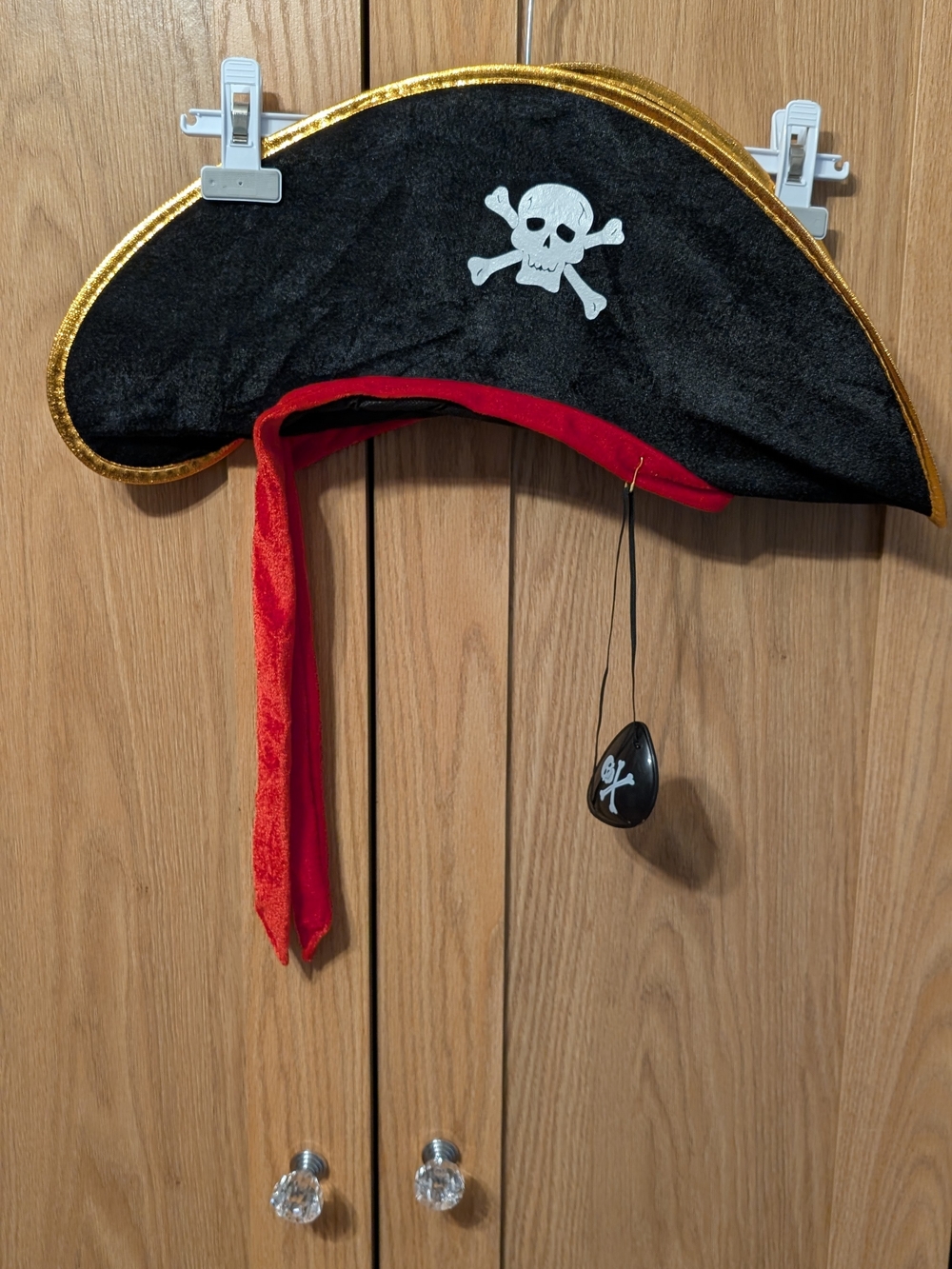 Black Pirate Tricorn Hat with Red Sash and Gold Trim And Eye Patch